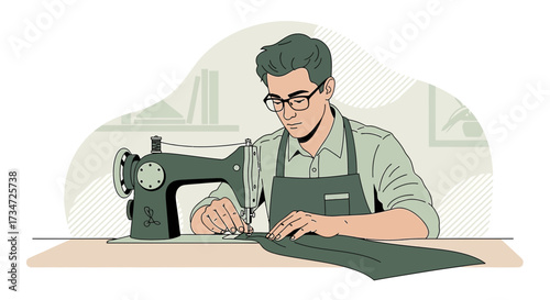 Dedicated tailor meticulously working with a sewing machine in his home workshop meticulously