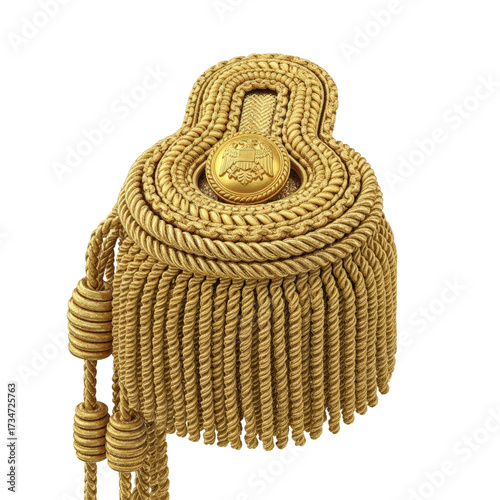 Ornate gold military epaulette with tassels  isolated on transparent background