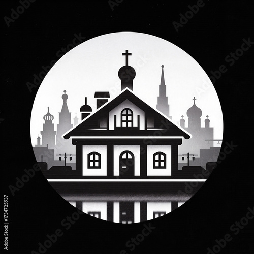Stylized illustration of Russian wooden churches in the background for cultural identity