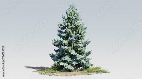   A 3D model of a pine tree on a small island surrounded by grass, with a shadow cast on the ground