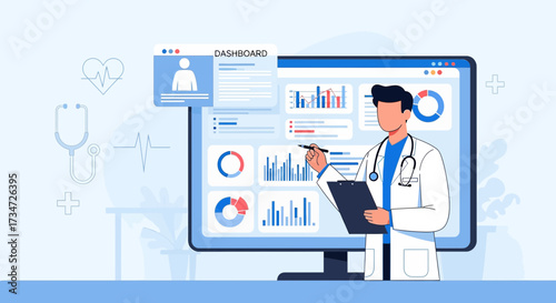 Doctor analyzing patient data on a dashboard interface for healthcare insights and decisions
