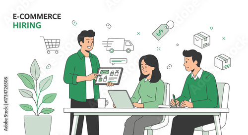 E-commerce hiring depicted through teamwork and technology in a modern office setting illustration