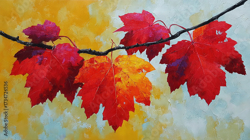   A painting depicts a tree with red, yellow, and orange foliage dangling from its limbs against a yellow and blue backdrop