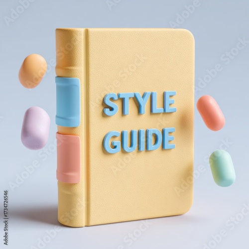 Aesthetic style guide book with floating pastel shapes