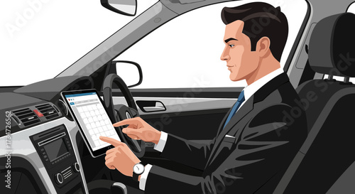 Elegant professional managing his schedule on a tablet inside a modern vehicle