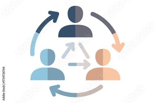 Vector art of teamwork and collaboration concept three people connected by arrows, symbolizing communication, cooperation, and synergy in a business setting