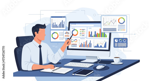 Financial analyst examining data charts on a computer screen in the office workspace showing