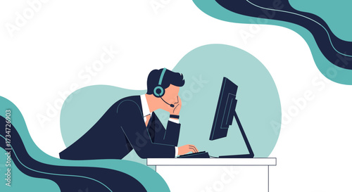 Focused Customer Service Representative Working at Computer in Office Setting