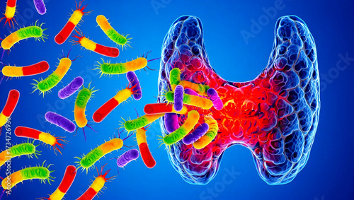 Microscopic organisms attacking inflamed organ bacteria infection