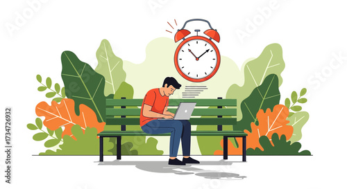 Freelance work in park with deadline pressure concept with alarm clock background