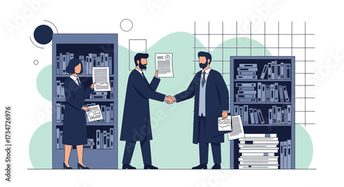 Formal agreement reached between lawyers in a professional legal environment illustration