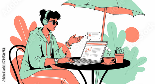 Freelancer working on laptop outdoor cafe terrace modern workplace concept vector illustration