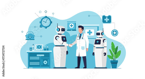 Futuristic healthcare partnership doctor and robots collaboration in a modern hospital setting