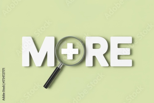 Close-up view of the word MORE with a magnifying glass focusing on the plus symbol, signifying growth, expansion, and additional benefits