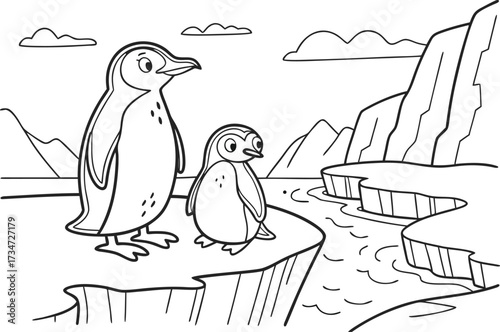 Penguin Family on Iceberg in Antarctica Black and White Drawing