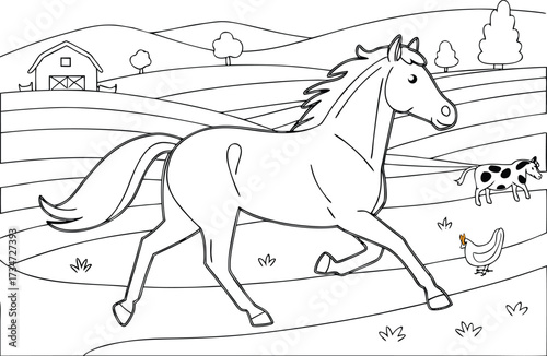 Farm Animal Coloring Page Featuring a Horse Cow and Chicken