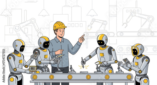 Human engineer guiding robots in a modern factory setting with advanced machinery and automated