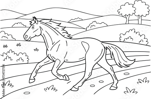 Majestic Horse Running Freely in a Picturesque Landscape Coloring Page