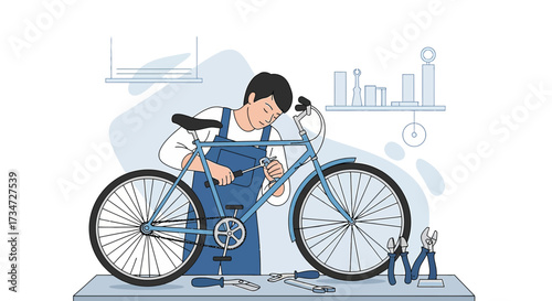 Illustration depicting a bicycle mechanic repairing a bicycle in a workshop setting with tools