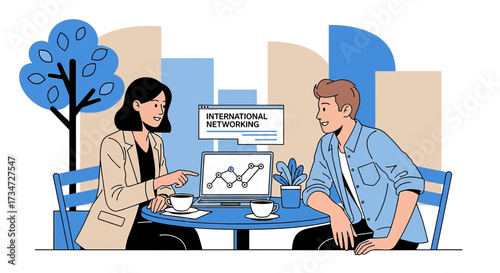 Illustration depicting a business meeting at an outdoor cafe discussing international networking