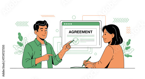 Illustration depicting a business agreement negotiation between two people reviewing a digital