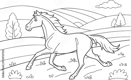 Horse Galloping Freely Across a Rural Landscape Coloring Page