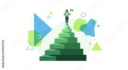 Illustration of a business woman at the top of a pyramid representing success and achieving goals