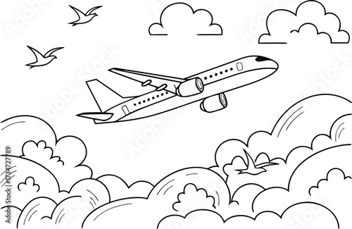 Airplane Flying in the Sky with Birds and Clouds Outline