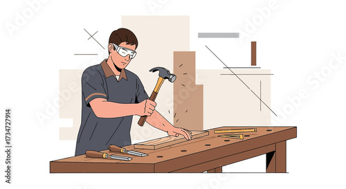 Illustration of a carpenter working with wood, showcasing woodworking craftsmanship and safety