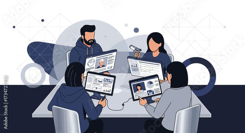 Illustration of a collaborative team working on data analysis and presentation discussing insights