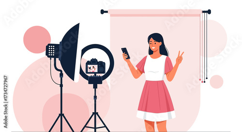 Illustration of a female influencer creating content in her home studio setup for social media and