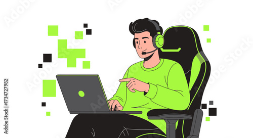 Illustration of a focused young man playing video games on a laptop using a headset
