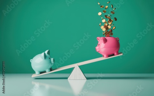 Financial concept of wealth disparity and investment growth illustrated by two piggy banks on an unbalanced seesaw scale