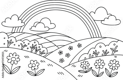 Cartoon Landscape with Rainbow Rolling Hills Flowers and Bushes Black and White