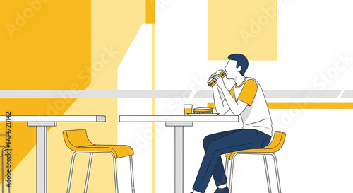 Illustration of a man enjoying a sandwich in a bright modern minimalistic cafeteria space