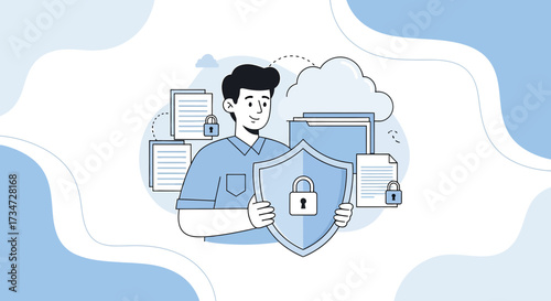 Illustration of a Man Holding a Shield Protecting Data Security and Cloud Storage Services
