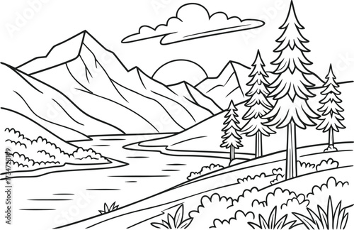 Serene Mountain Landscape with River and Evergreen Trees in Black and White