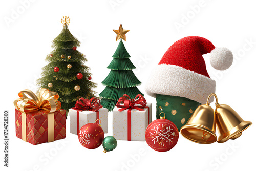 3D rendered holiday elements set with glossy finish, isolated on transparent background.