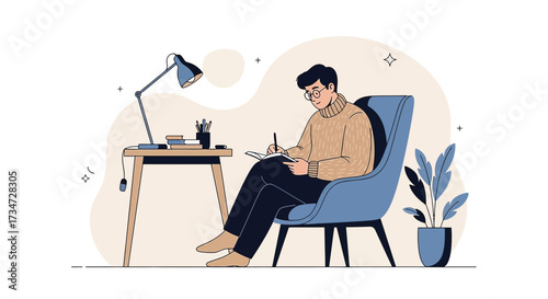 Illustration of a man working or studying in a cozy home setting with warm lighting