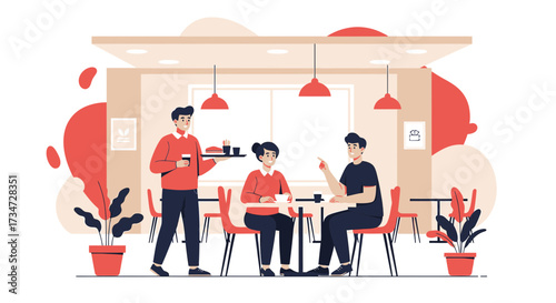 Illustration of a modern cafe scene with a waiter serving a couple at their table
