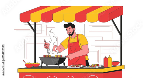 Illustration of a smiling vendor cooking shish kebabs at a street food stall on a bright day