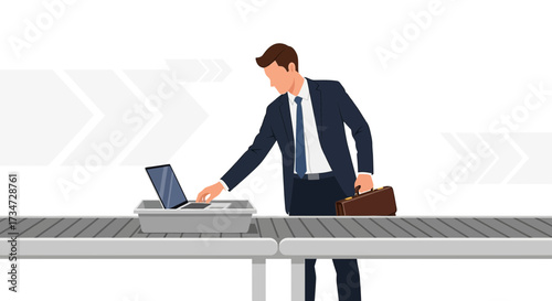 Illustration of businessman placing laptop in tray at airport security checkpoint