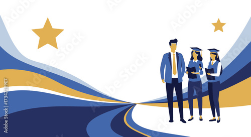 Illustration showcasing graduating students alongside a professional in a stylized setting
