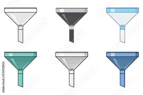 Illustration of a funnel in six different color schemes a vector graphic for science, chemistry, and liquid transfer themes