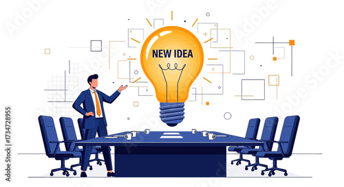 Illustrative business concept showcasing a new idea with businessman in meeting room
