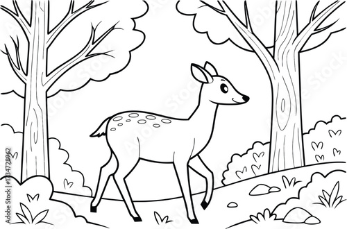 Cute Deer in Forest Line Art Coloring Page Illustration