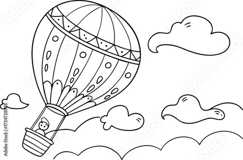 Whimsical Hot Air Balloon Floating Among Fluffy Clouds in the Sky
