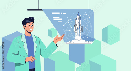 Innovative scientist presenting a groundbreaking rocket launch project with technology   integration