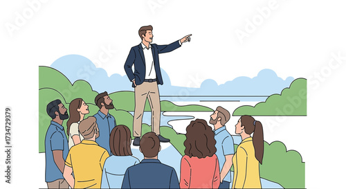 Leader Inspiring Group with Visionary Outlook and Strategic Guidance on a Scenic Landscape