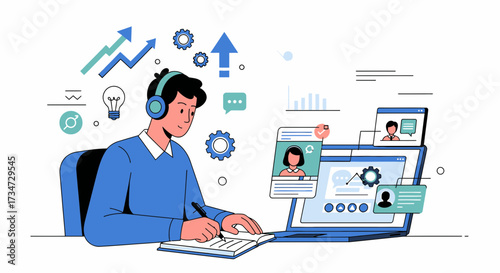 Man participating in online meeting wearing headset and taking notes, enhancing productivity and